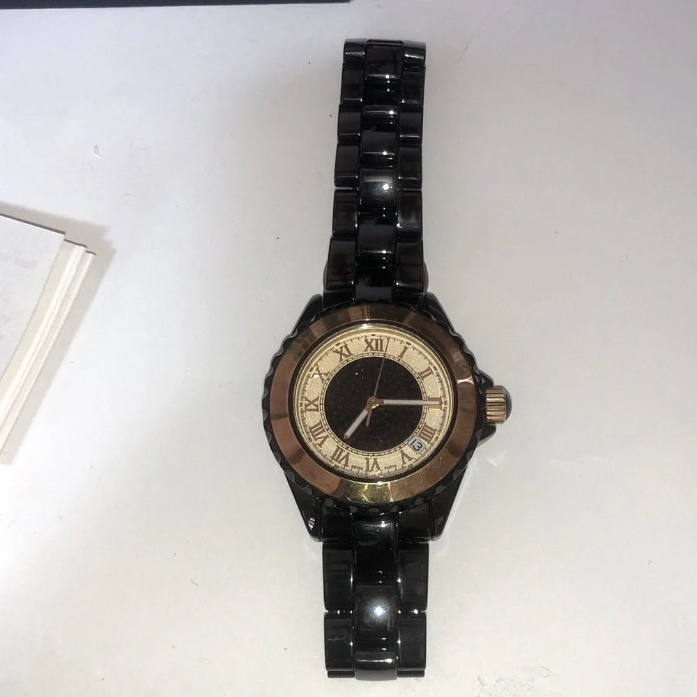 Solid Real 14K Gold Bezel 1.00CT Black Spinel Vicence Milor Italy Ceramic Watch